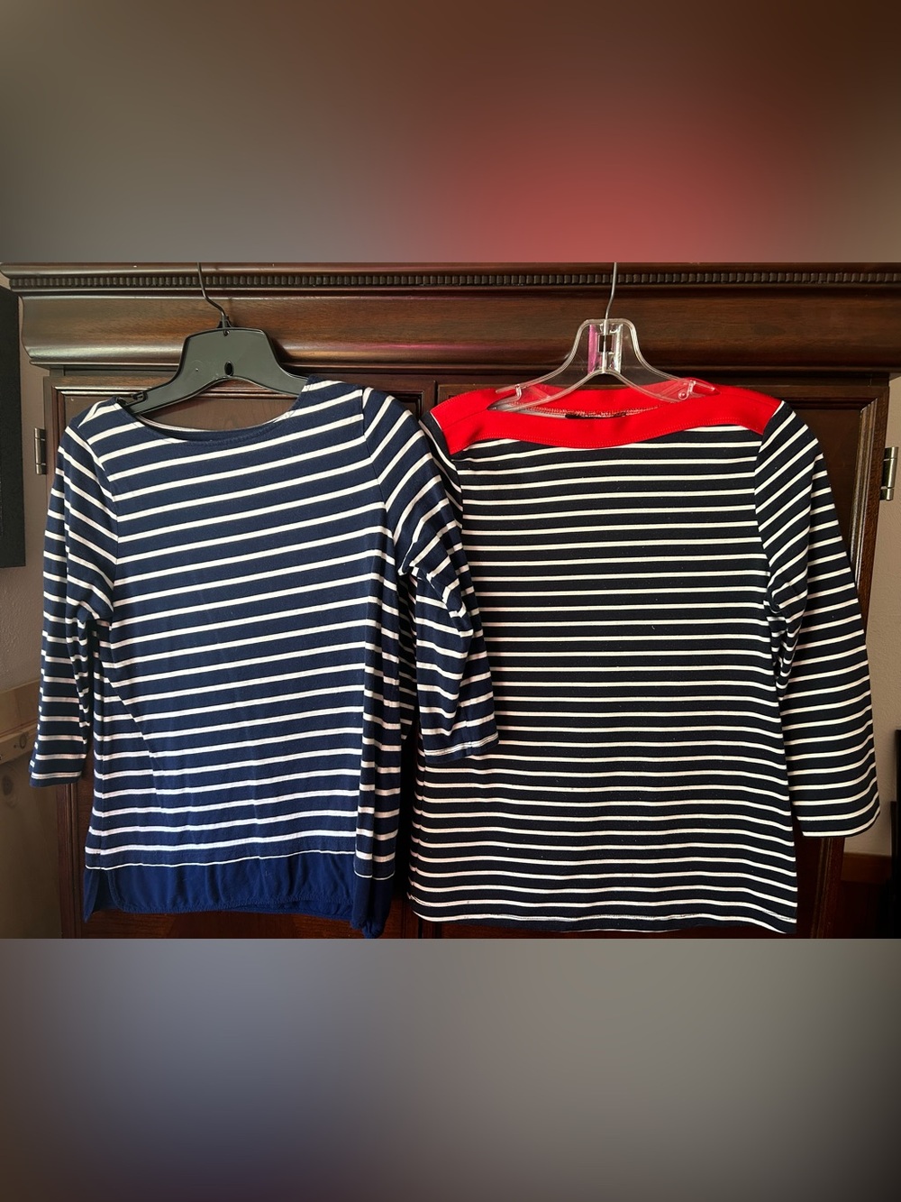 Navy and White Striped Long Sleeve Top with Red Neck Trim Bundle